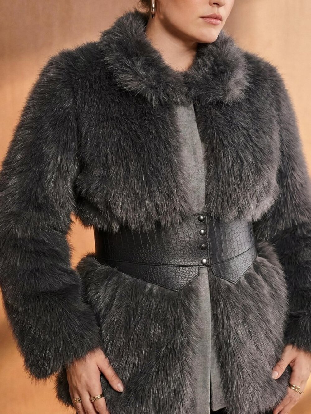 Dark Grey Women's Premium Plus Size Faux Fur & Faux Leather Belted Coat